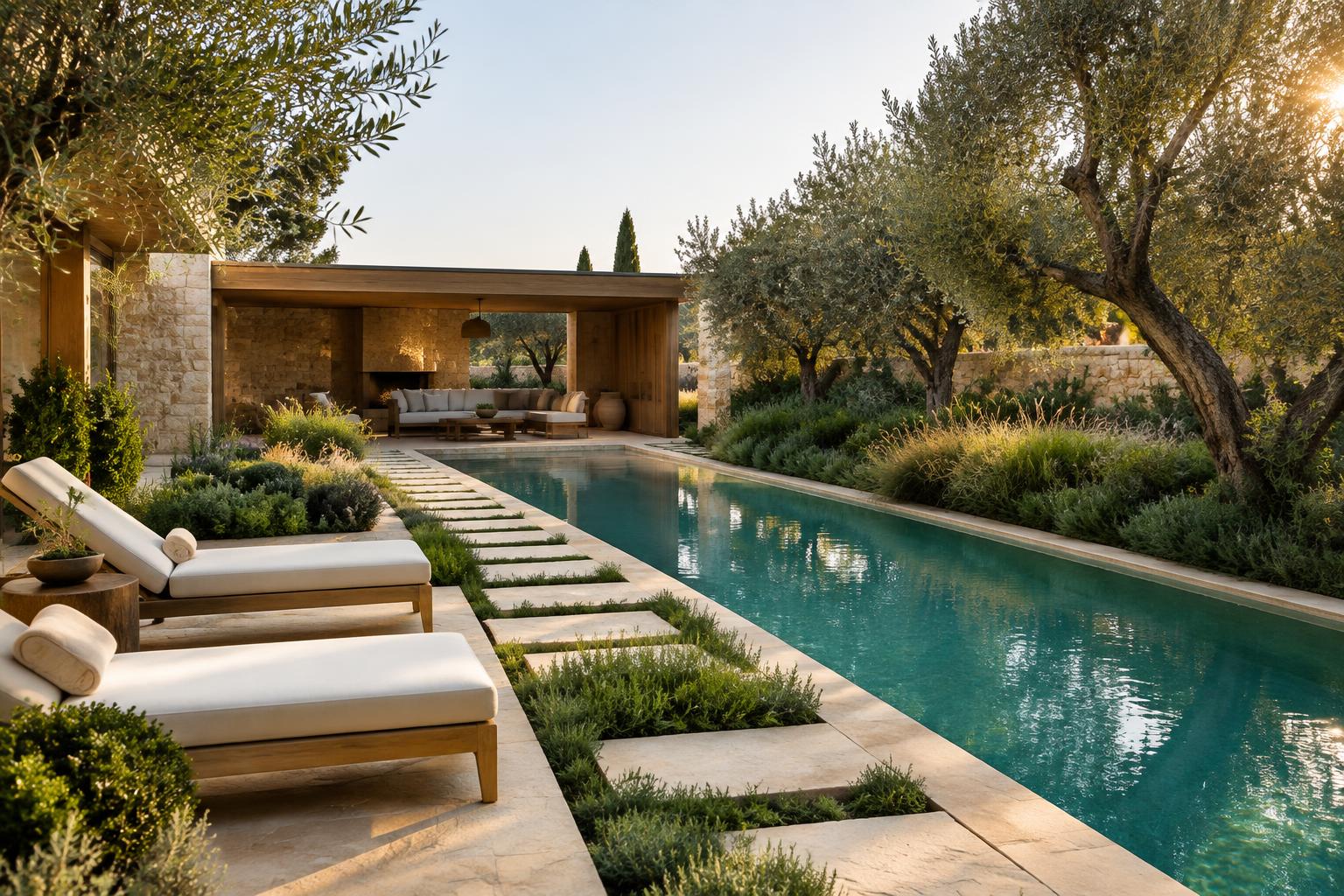 Pool set among olive trees and a refined stone garden pavilion