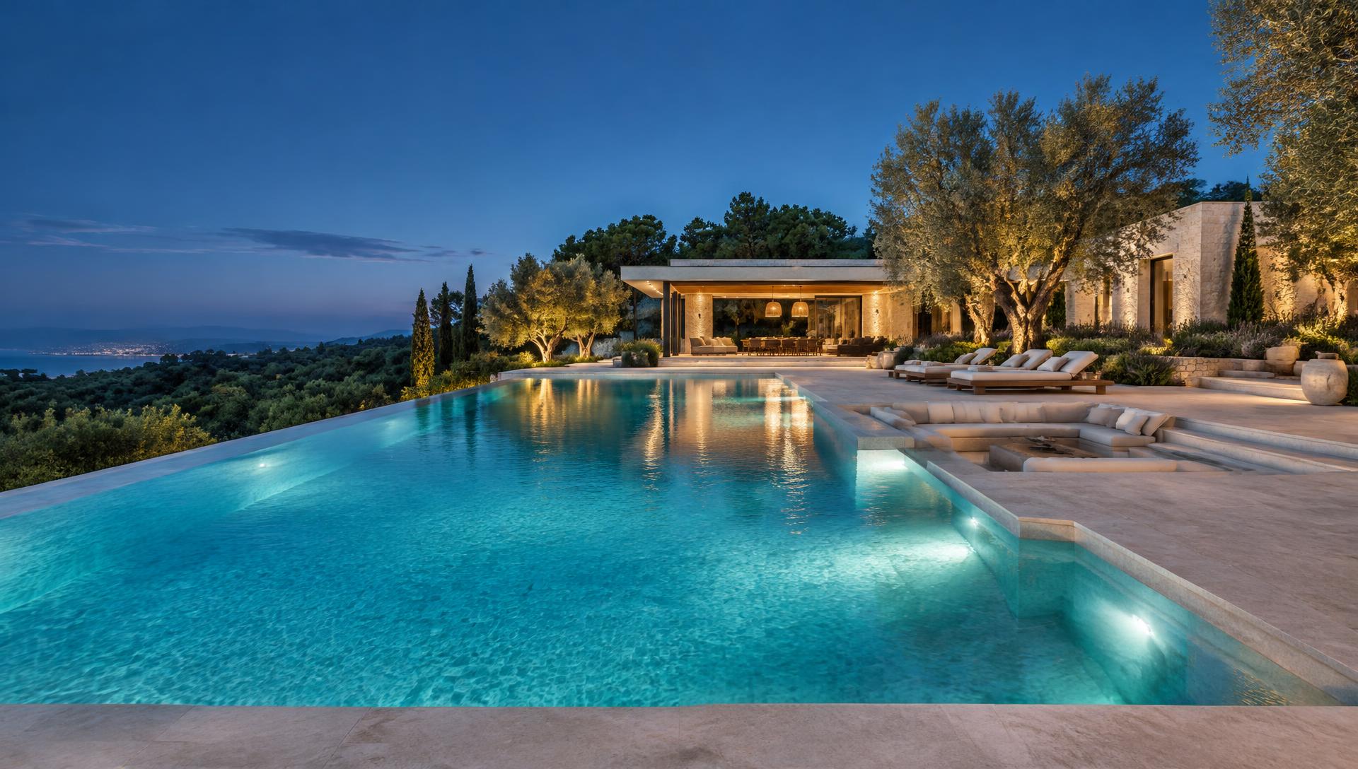 Expansive illuminated infinity pool beside a contemporary luxury villa at twilight